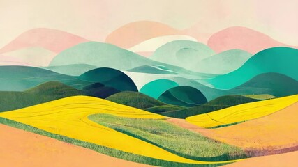 Opening frame showing rolling hills unfolding in pastel countryside, with curving yellow fields - Powered by Adobe