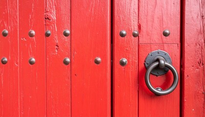 Fototapeta premium A close-up of a vibrant red wooden door featuring a rustic, dark metal ring knocker and rows of studs