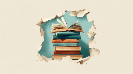 Stack of open and closed vintage books viewed through paper collage hole.