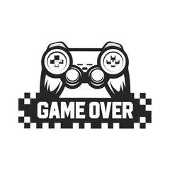 Obraz premium Monochrome Game Over Graphic: Vintage Controller Icon, Pixelated Design, Black and White Video Game Concept for Online Gaming and Electronic Sports Themes.