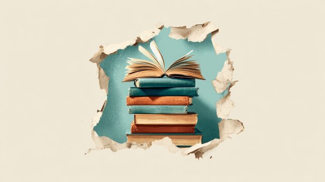 Stack of open and closed vintage books viewed through paper collage hole.