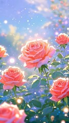 Dreamy Anime Style Pink Roses Blooming with Sparkling Light