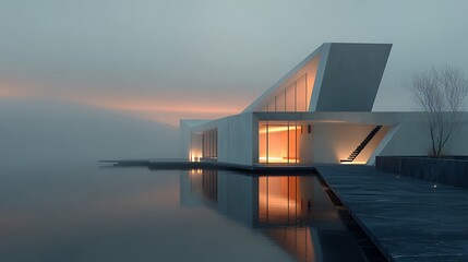Serene Lakeside Residence: A Modern Architectural Marvel at Twilight Scenery