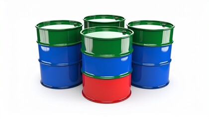 A small group of blue, green, and red barrels are stacked on a white background