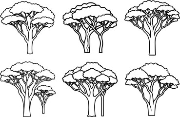 Set of african trees outline coloring book page line art drawing