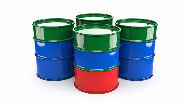 A small group of blue, green, and red barrels are stacked on a white background