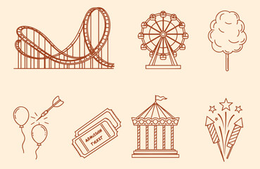 Classic carnival outline set. Roller coaster, Ferris wheel, cotton candy, balloons, admission tickets, big-top tent and firework burst in warm sepia line. Old-time fairground graphic