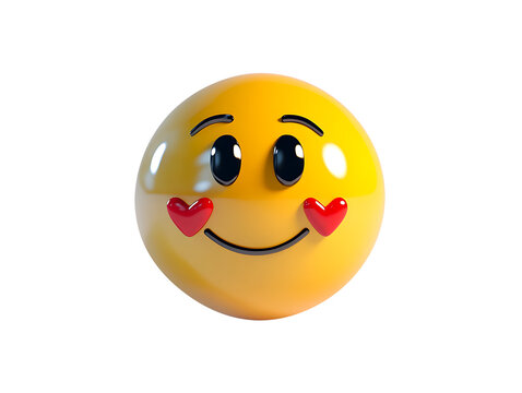 Adorable yellow emoji face with closed eyes and red heart cheeks, conveying shy affection, isolated on transparent background