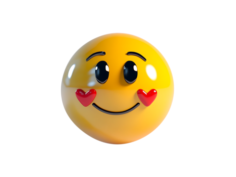Adorable yellow emoji face with closed eyes and red heart cheeks, conveying shy affection, isolated on transparent background - Powered by Adobe