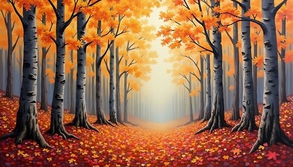Fototapeta premium Autumnal forest painting with orange leaves and birch trees landscape
