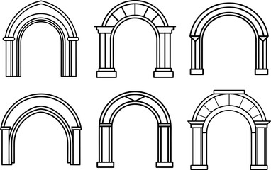 Set of ornamental arch with columns line art, black outline