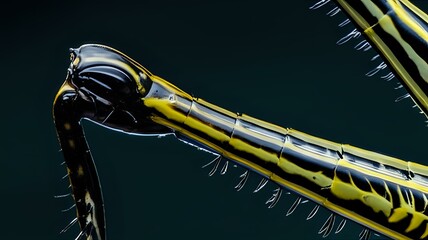 Striking macro shot of a vibrant yellow and black striped insect leg with hairs.