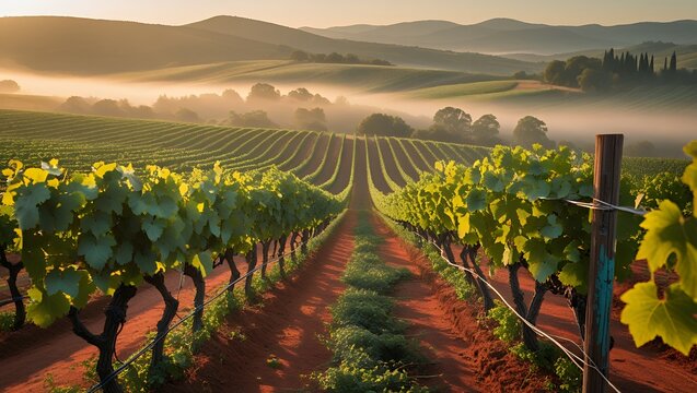 Rows of Grapevines in Vineyard at Sunrise with Foggy Landscape