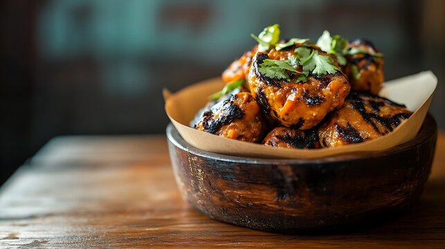 Masala soya kebab curry dish sat on wooden table