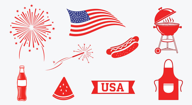 Fourth of July BBQ graphic pack. American flag, fireworks burst, sparkler, hot dog, kettle grill, cola bottle, watermelon slice, USA ribbon and cooking apron in bold red