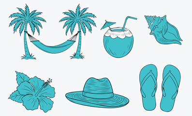 Turquoise beach holiday icon set. Palm hammock, coconut cocktail, conch shell, hibiscus flower, sun hat and flip-flops drawn in cool blue. Relaxed island vacation clipart