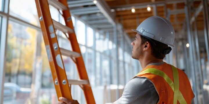 Caucasian male adult construction worker with hard hat inspecting building interior