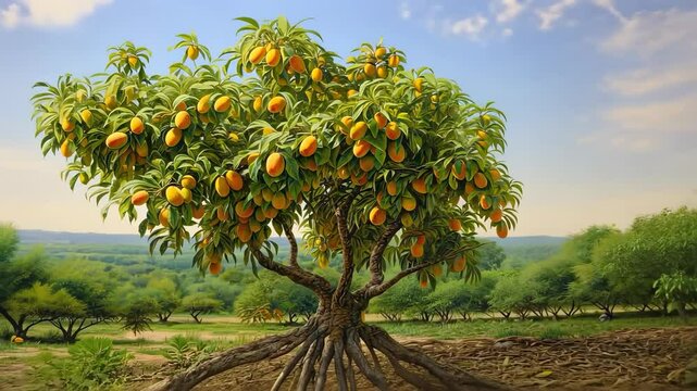 Pulling back camera revealing mature mango tree in orchard, with ripe fruit and rustling leaves