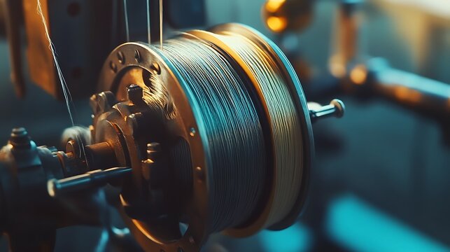 Mechanical yarn winder or reel while rewinding thread close up selective focus