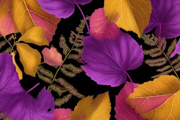 Fototapeta premium Vibrant purple and gold autumn leaves with ferns on black background