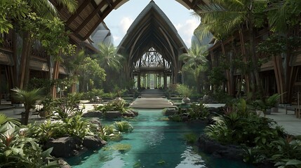 Tranquil tropical sanctuary with water features and unique architectural design