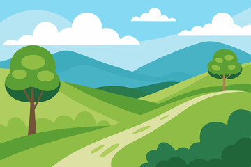 Fototapeta premium A vibrant summer landscape with green hills, trees, and majestic mountains under a blue sky with white clouds