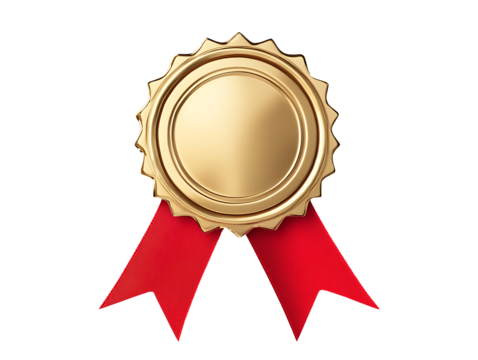 Blank golden award medal with decorative crossed red ribbons, top quality recognition emblem, isolated on transparent background