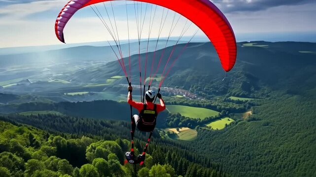 Pulling right riser pilot in helmet tilting red canopy above forest, gripping toggles toward valley