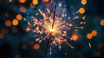 Obraz premium A single lit sparkler against a dark background with bokeh lights.