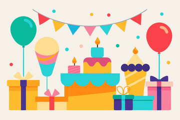 Happy birthday celebration set with cake, balloons, and gifts, perfect for a fun party invitation design