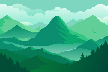 Cloudy mountain landscape with a foggy peak view at sunrise