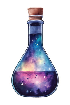 Magical potion bottle with galaxy inside mystical watercolor elixir on transparent background vector