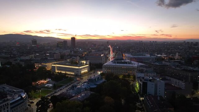 Night aerial view of the capital of Bulgaria, Sofia. Architectural and emblematic buildings from the communist era in the city center. Council of Ministers, Presidency and Party House. Sunset, sunrise