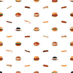 Seamless fast food pattern of burger series, cute mixed simple burgers in minimal graphic illustration style, vivid colors on a transparent background.