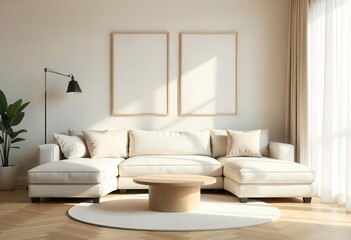 Modern Minimalist Living Room Interior with Blank Poster Frames – Neutral Toned Sofa and Wooden Coffee Table

