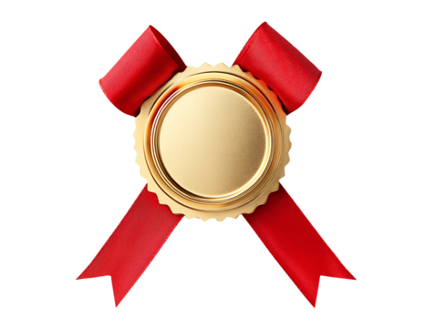 Golden award medal with a blank space for text and two red ribbons, symbol of success, isolated on transparent background