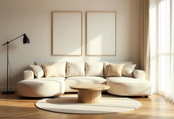 Modern Minimalist Living Room Interior with Blank Poster Frames – Neutral Toned Sofa and Wooden Coffee Table


