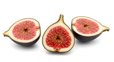 Sliced Figs: A close-up studio shot reveals three succulent fig halves, their vibrant interior textures contrasting against the smooth skin, perfect for food imagery.