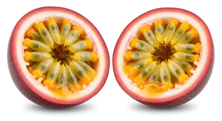 Passion Fruit Revelation: A vivid, close-up showcases the cross-section of a fresh passion fruit, revealing its exotic, seed-filled interior, a visual ode to nature's intricate artistry.