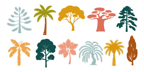 Collection of multicolor tree silhouettes including Oak, Pine, Willow, Cypress, Palm, and more. Vibrant botanical set perfect for nature, landscape, and design projects. Transparent background.