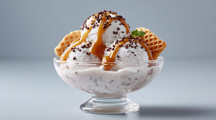 Decadent Chocolate Chip Ice Cream Sundae with Caramel Drizzle. Perfect for food advertising, dessert menus, sweet treat promotions, or any project emphasizing gourmet delights and comfort food.