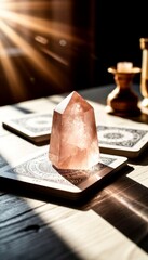 A rose quartz crystal sits on decorative coasters. Soft sunlight streams through, creating a warm glow. The background features a candle and intricate patterns.