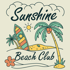 Colorful beach club illustration featuring a surfboard, palm trees, sun, and vibrant flowers, creating a lively tropical atmosphere for summer fun and relaxation