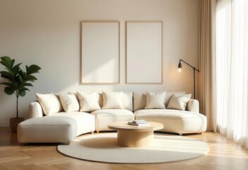 Modern Minimalist Living Room Interior with Blank Poster Frames – Neutral Toned Sofa and Wooden Coffee Table

