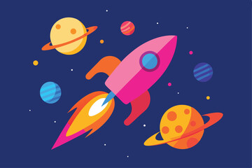 Cosmic Launch Pink Rocket Soaring Through a Vibrant Cartoon Galaxy with Colorful Planets
