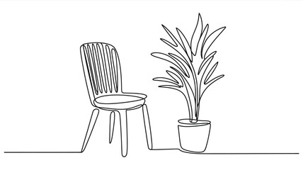Single line drawing of chair and houseplant