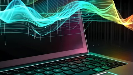 On startup laptop displaying neon waveform pulsing across glossy tabletop in studio with grid lines - Powered by Adobe