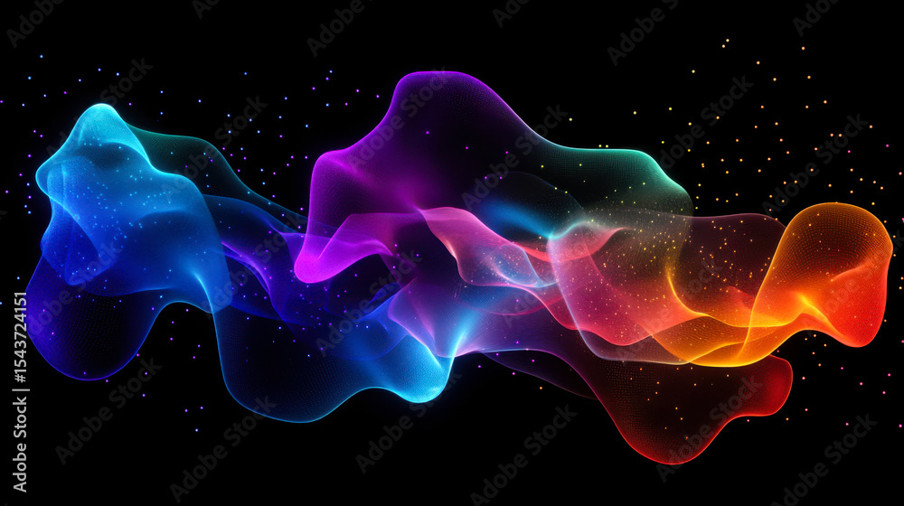 Poster colorful wave patterns flow through a dark space, creating a vibrant visual display of movement and 