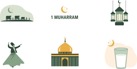 vector set of islamic 1 muharram religious symbols