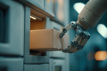 Robotic hand retrieving a package from a locker in a modern warehouse during evening hours